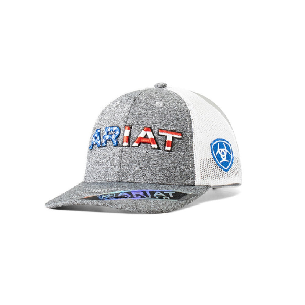 Ariat Snap Back Kids Cap | Semi Curved Bill | American Flag | Grey / White