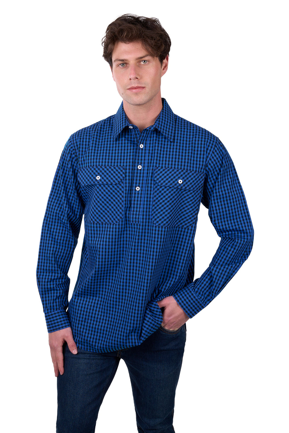 Hard Slog Mens Shirt | Astell Half Placket | Black / Royal Blue