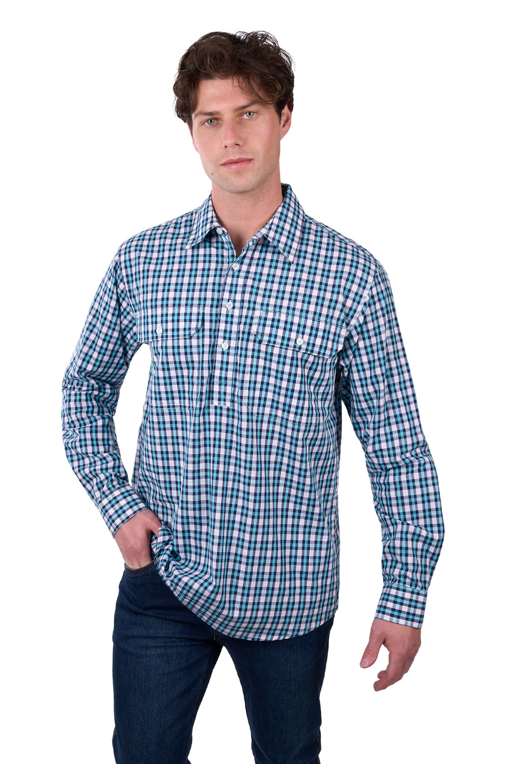 Hard Slog Mens Shirt | Rui Half Placket | Teal / Navy