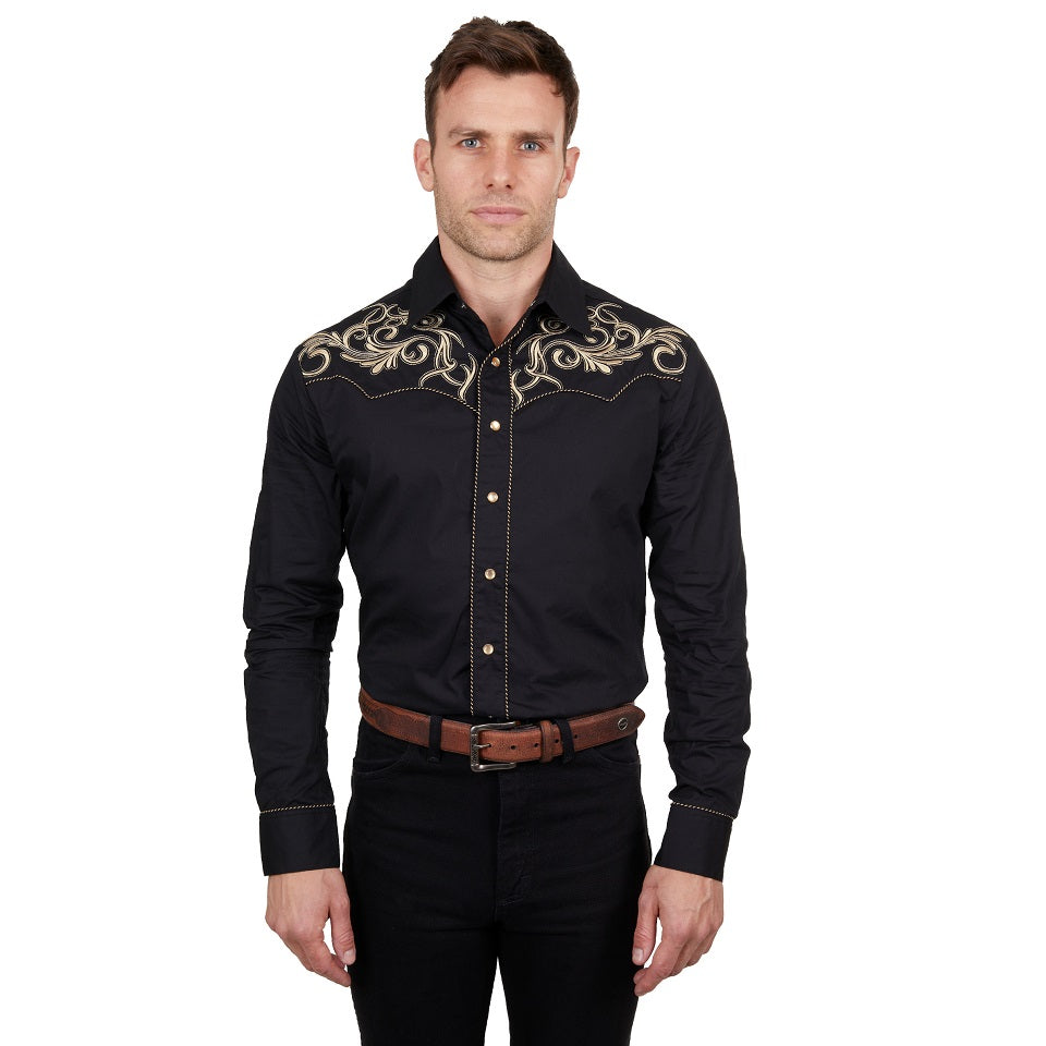 Wrangler Mens Shirt | Adam | Embroidered Long Sleeve | Black
